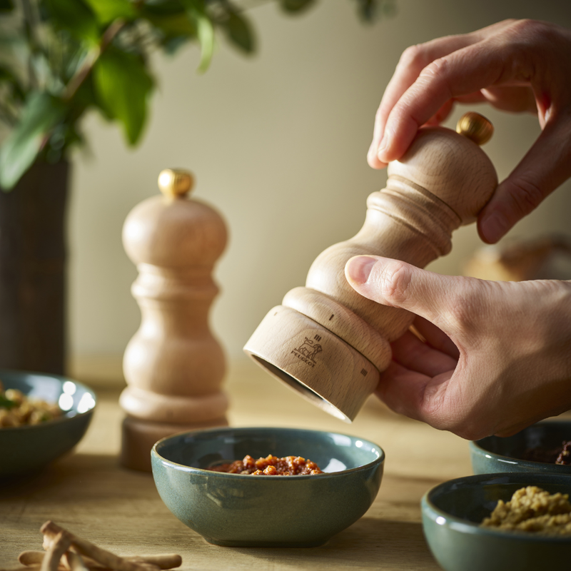 Hand holding a Peugeot Salt mills in natural beechwood