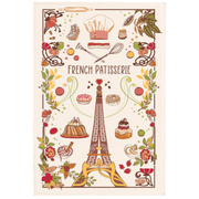 A tea towel with an art deco style, featuring illustrations of French pastries and a famous landmark, the Eiffel Tower, in a colorful and vibrant design.