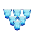 six translucent Duralex Picardie turquoise blue glass tumblers with a fluted pattern, shown on a clean white background.