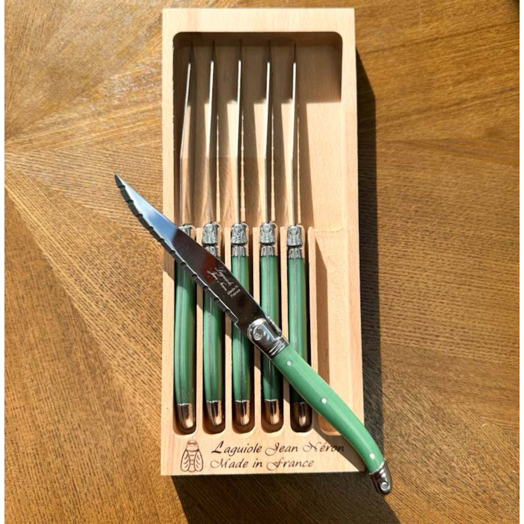 Laguiole ® Steak Knives, Set of 6 - Pastel Green Handle, in wooden tray