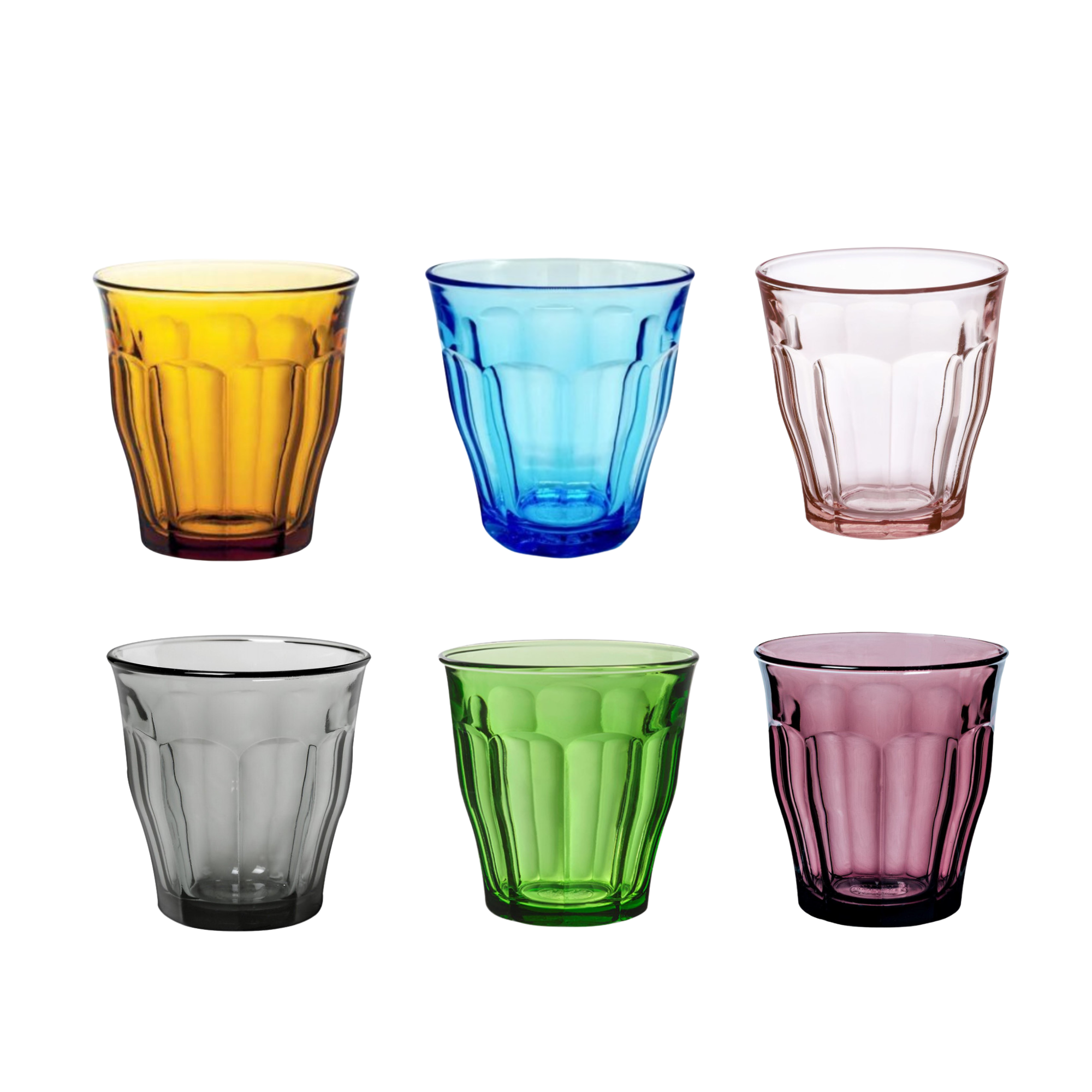 Picardie Colored Glasses x6 | Pink, Turquoise, Amber, Green, Grey & Plum | Made in France