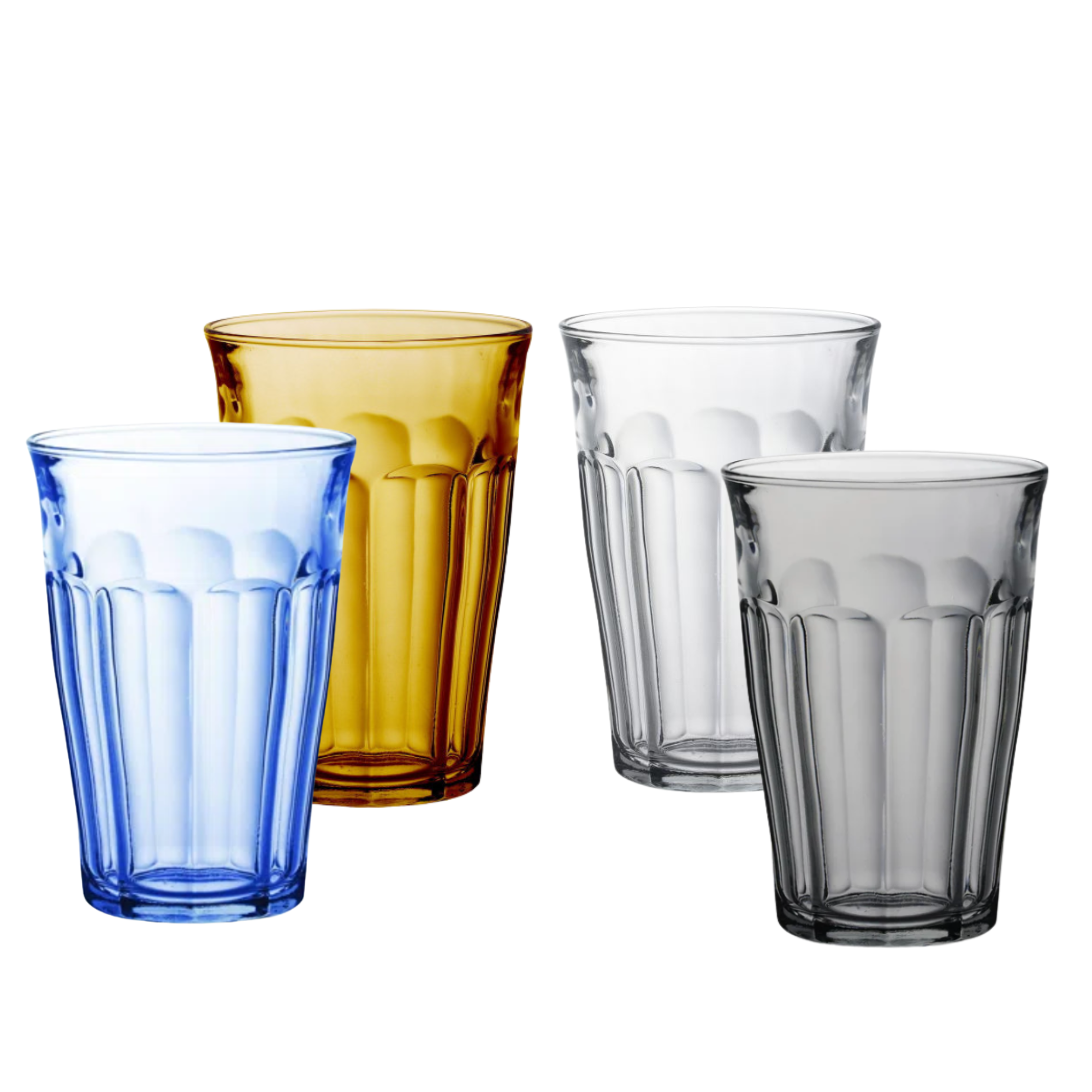 Four colorful French Duralex Picardie Highball glass tumblers on a white background