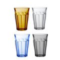 Picardie Color Highball Glasses colorful tumblers (amber, clear, marine, grey) on a white background, Made in France