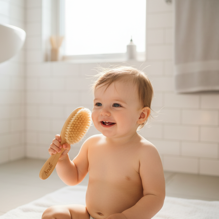 baby with a Wooden baby brush