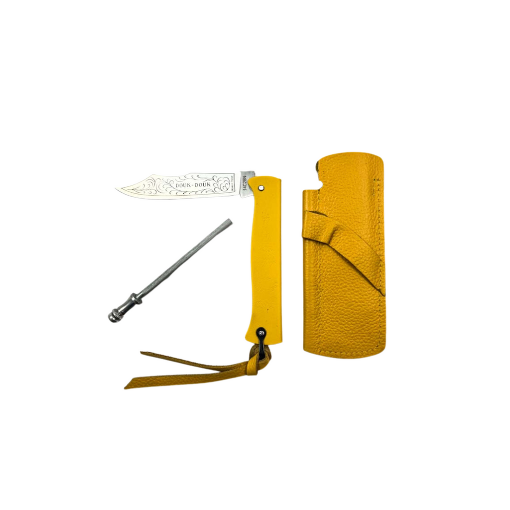 Douk-Douk Pocket Knife Set with sharpening steel and leather sleeve