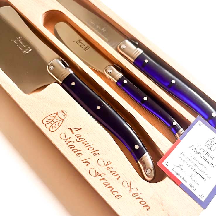 Laguiole ® Cheese Knife Trio, French Blue Handle, Made in France, Clementine Boutique