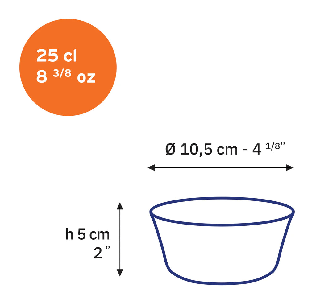 Measurement chart for a bowl with volume, capacity, and dimensions. Duralex Canada Lys Sapphire Bowl 25cl Clementine Boutique