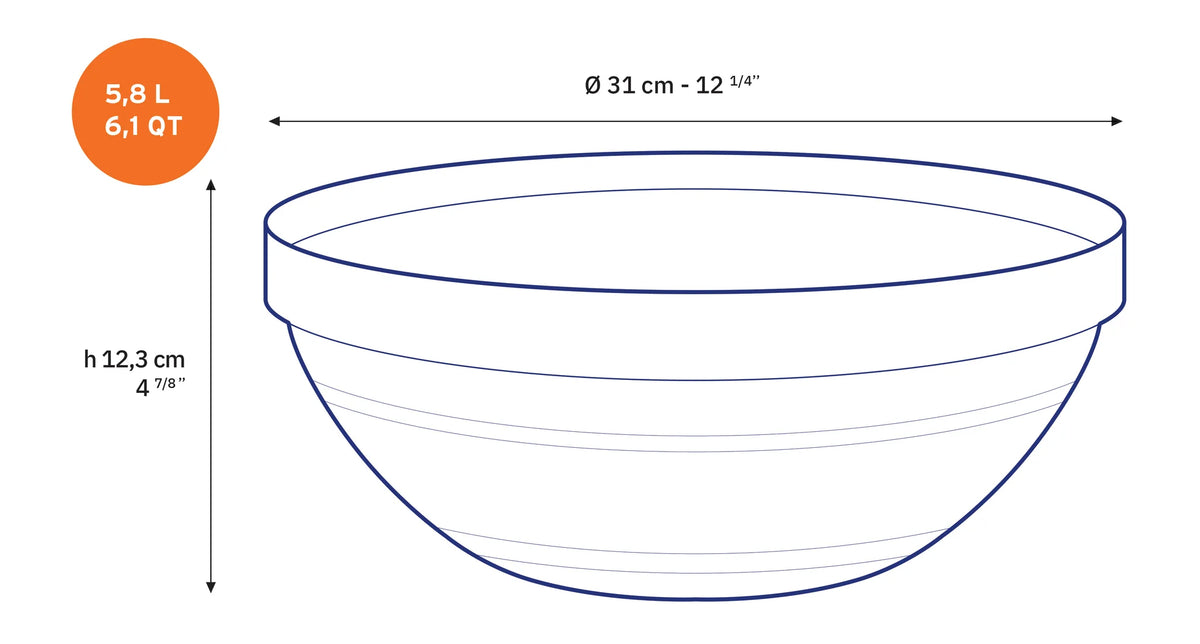 Duralex drawing of a bowl with dimension arrows and text showing its capacity as 5,8 L / 6,1 QT, diameter of 31 cm - 12 1/4 inches, and height of 12,3 cm - 4 1/8 inches.