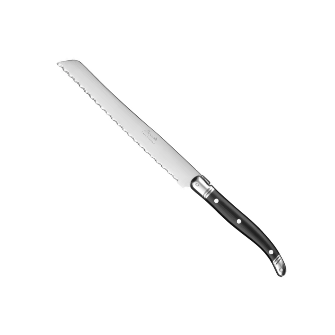 Serrated bread knife with black handle on a white background