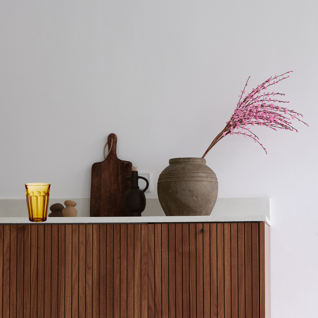 Decorative Duralex Picardie Amber Highball Glass colorful tumbler, Made in France with a MCM wooden cabinet