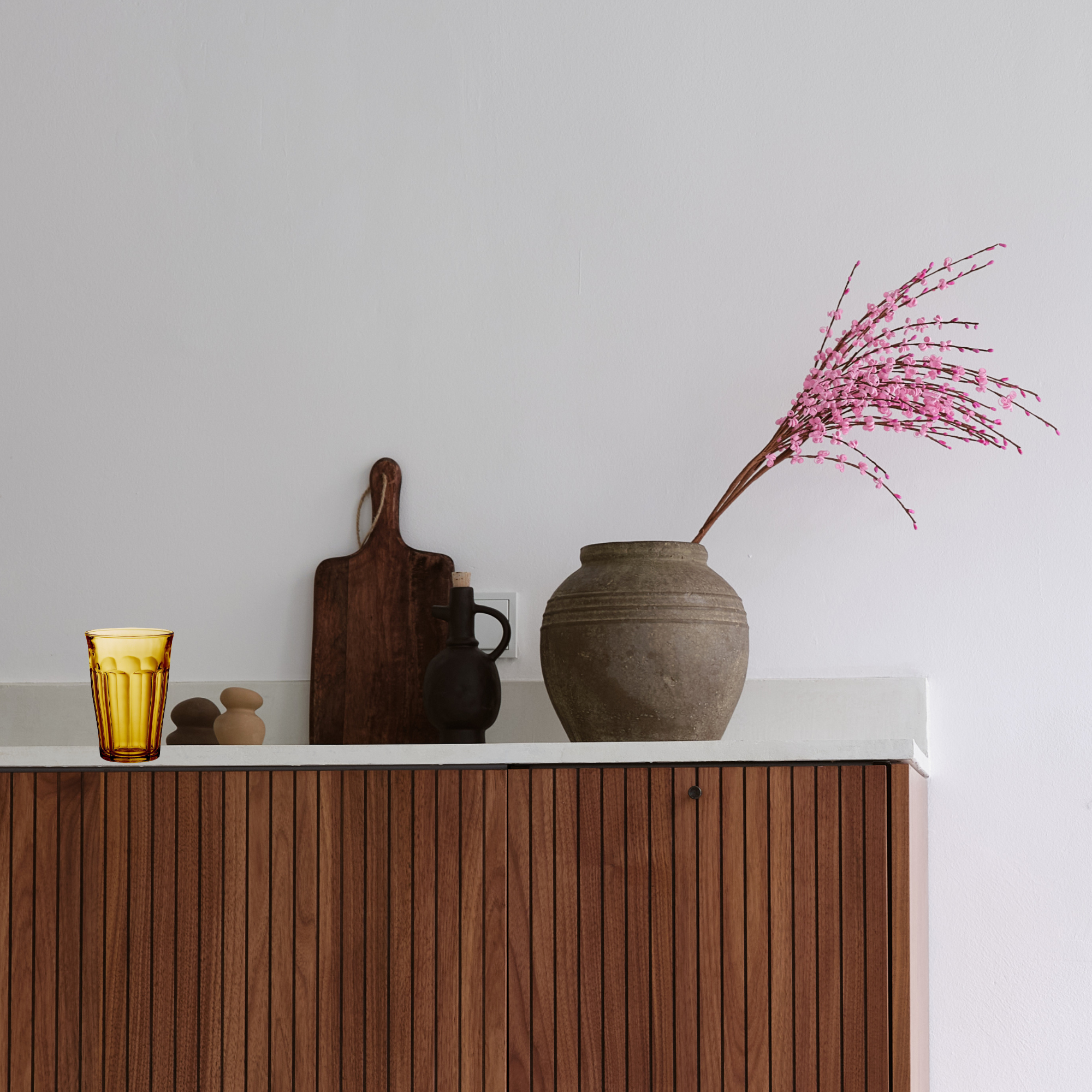 Decorative Duralex Picardie Amber Highball Glass colorful tumbler, Made in France with a MCM wooden cabinet