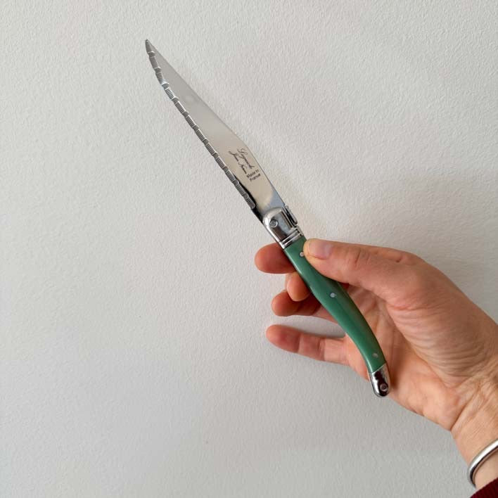 Laguiole ® Steak Knives, Set of 6 - Pastel Green Handle, in wooden tray