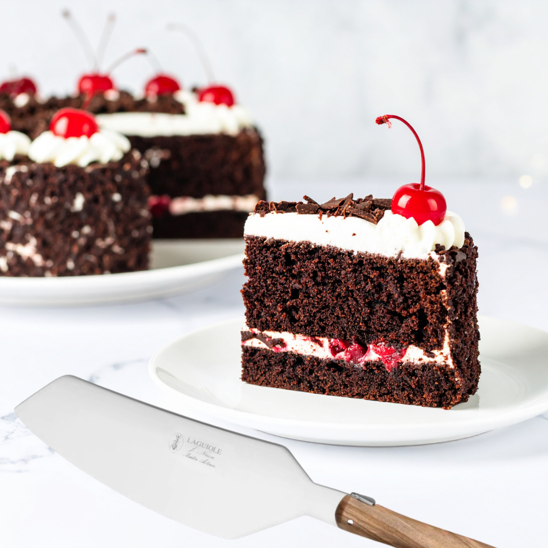 Slice of chocolate cake with cherry wuith Laguiole Cake Server – Olive Wood Handle made in France, Clementine Boutique