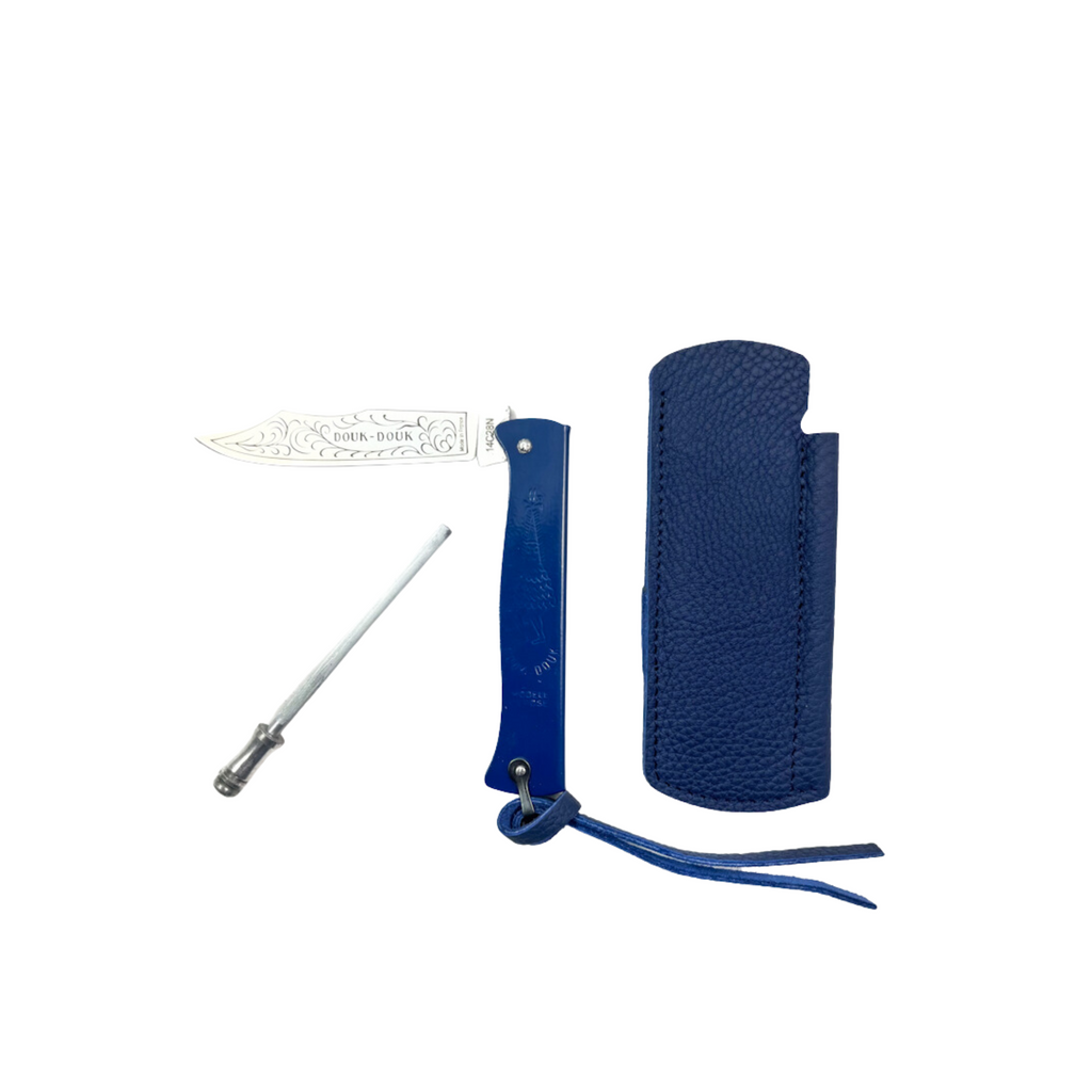 Douk-Douk Pocket Knife Set with sharpening steel and leather sleeve