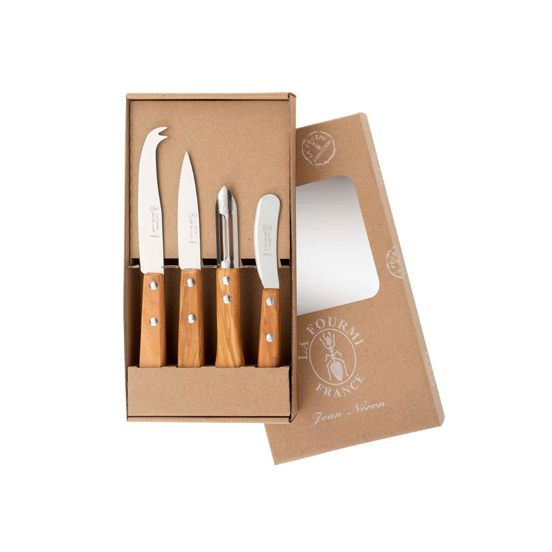 Set of Olive Wood Knife Set – 4 Kitchen Knives Made in France in a 'La Fourmi France' Cheftaine branded box