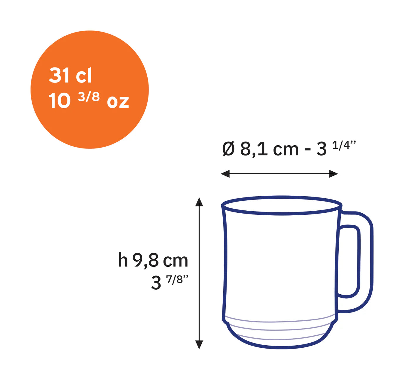 Measurement chart for a mug with volume, diameter, and height specifications. Duralex Canada Lys Marine Mug 310ml Clementine Boutique Toronto