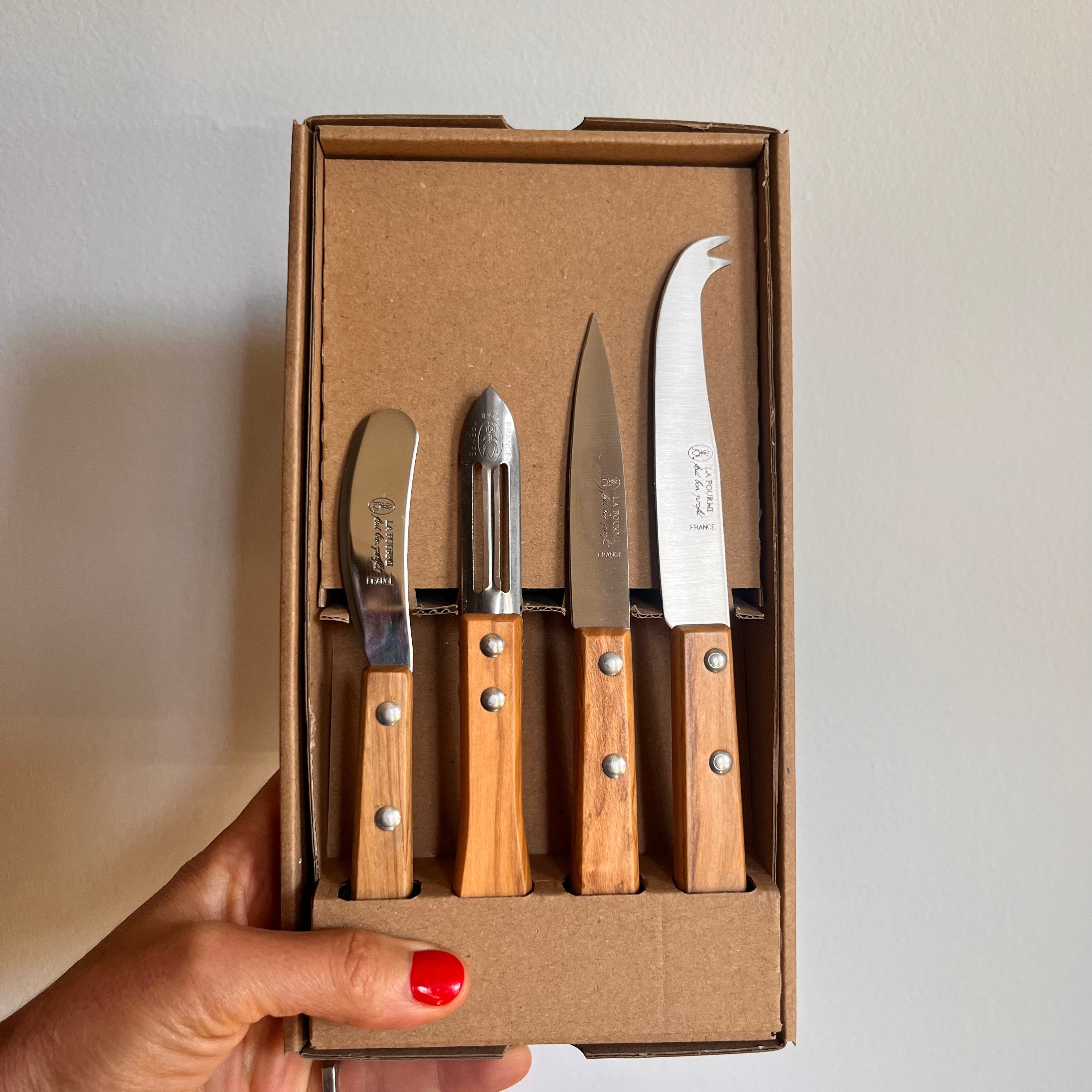 Set of four knives with wooden handles in a cardboard box held by a hand.