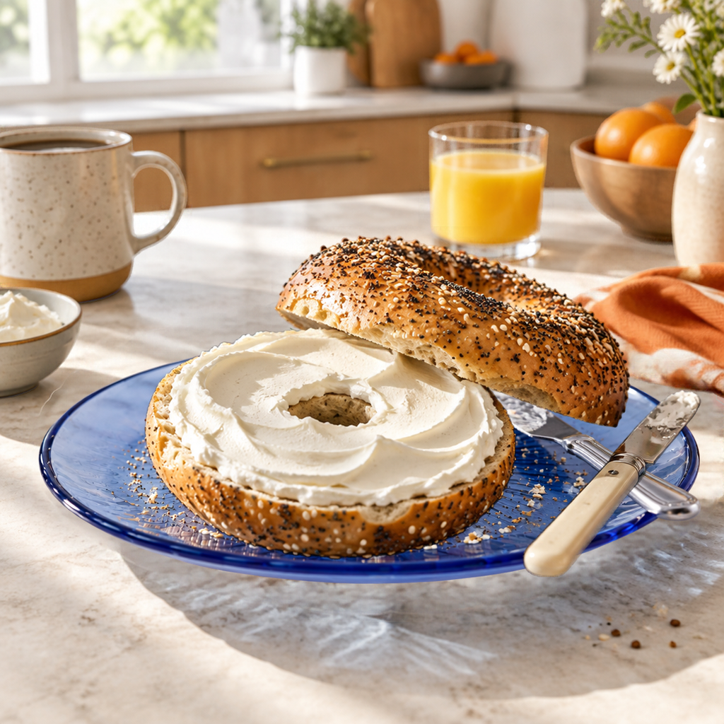 Duralex Lys Marine dessert plate with a bagel and cream cheese in a breakfast setting
