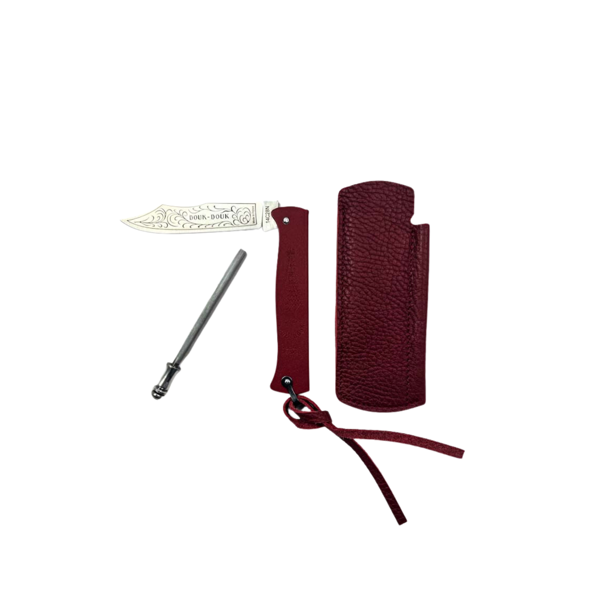 Douk-Douk Pocket Knife Set with sharpening steel and leather sleeve