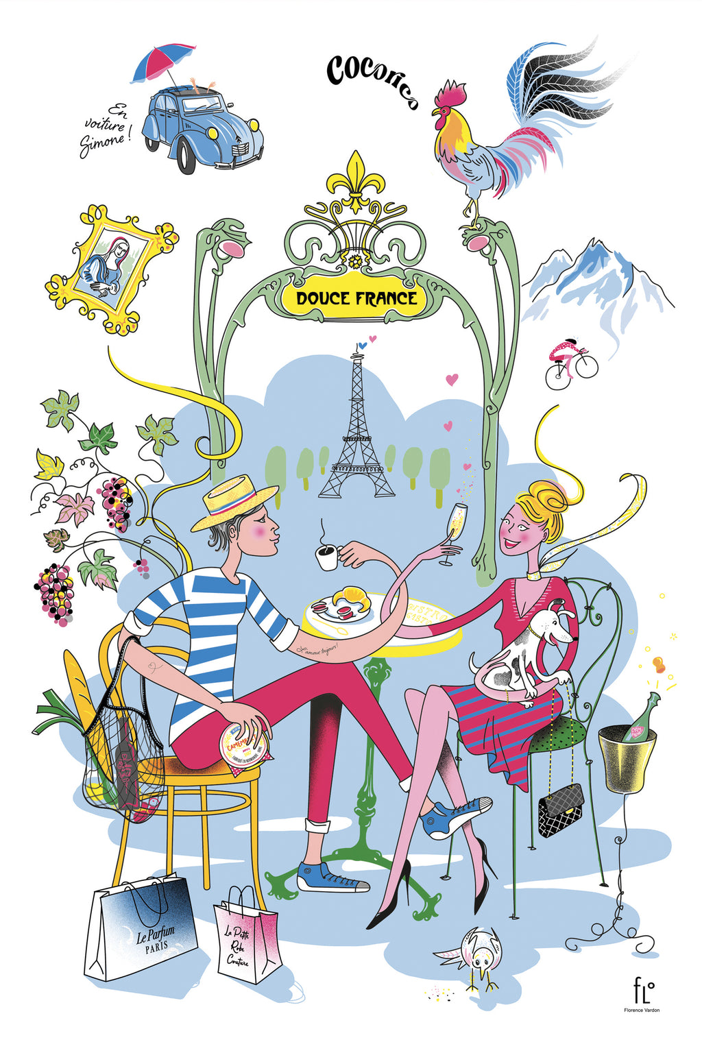 Sweet France Winkler French tea towel, Douce France, 100% cotton kitchen towel made in France, featuring an Illustration of a couple in Paris with the Eiffel Tower and shopping bags.