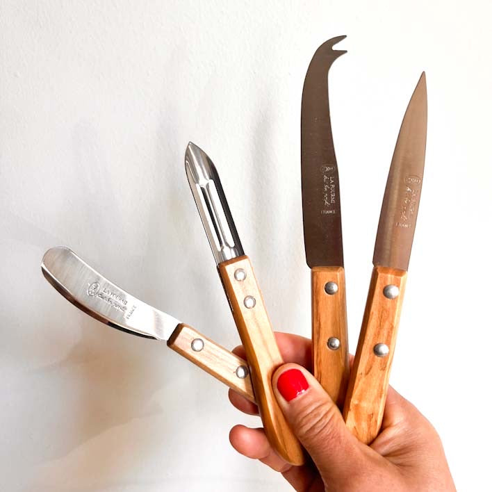 Set of four knives with wooden handles held by a hand against a white background
