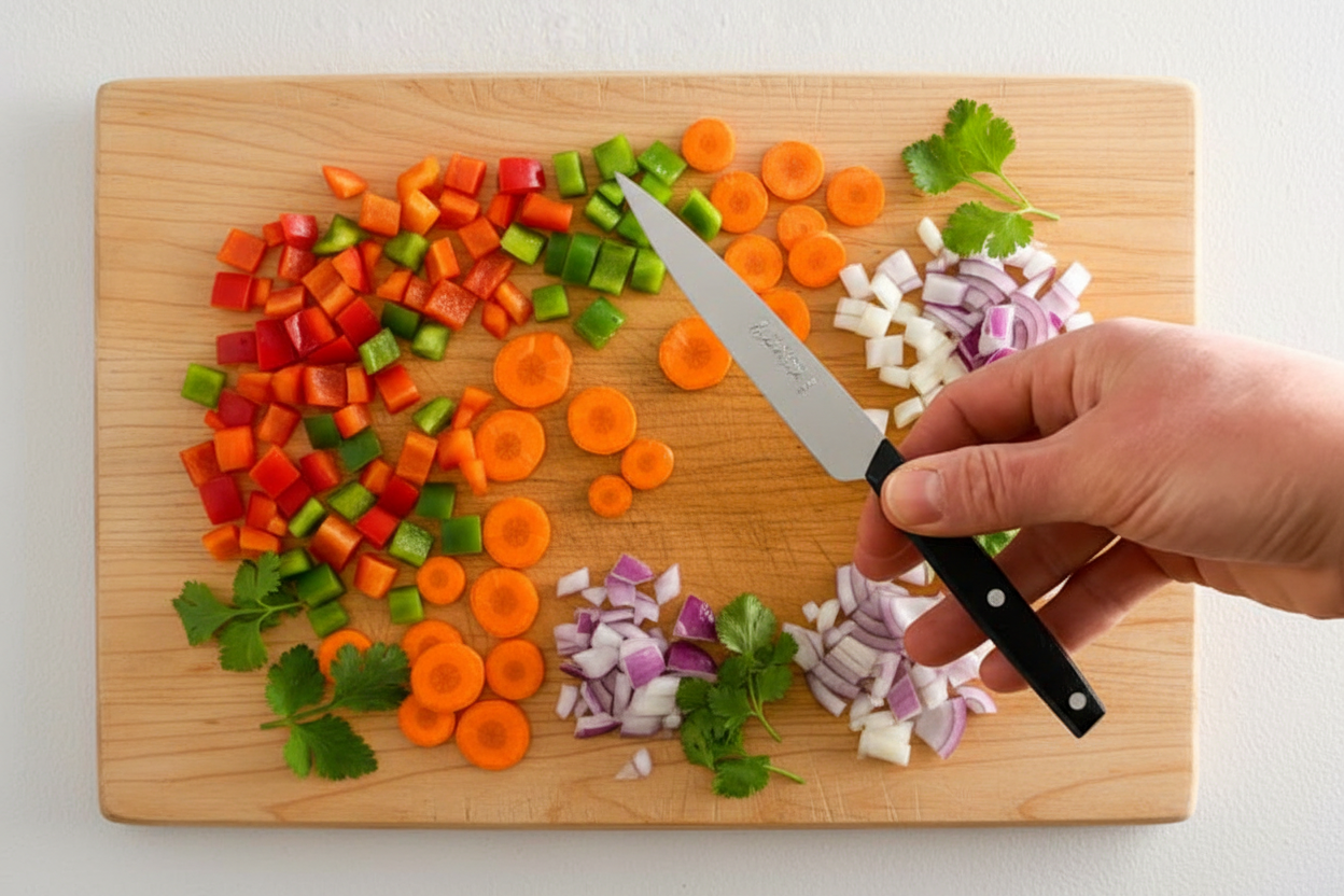 French black paring knife La Fourmi with chopped vegetables, Clementine boutique Made in France