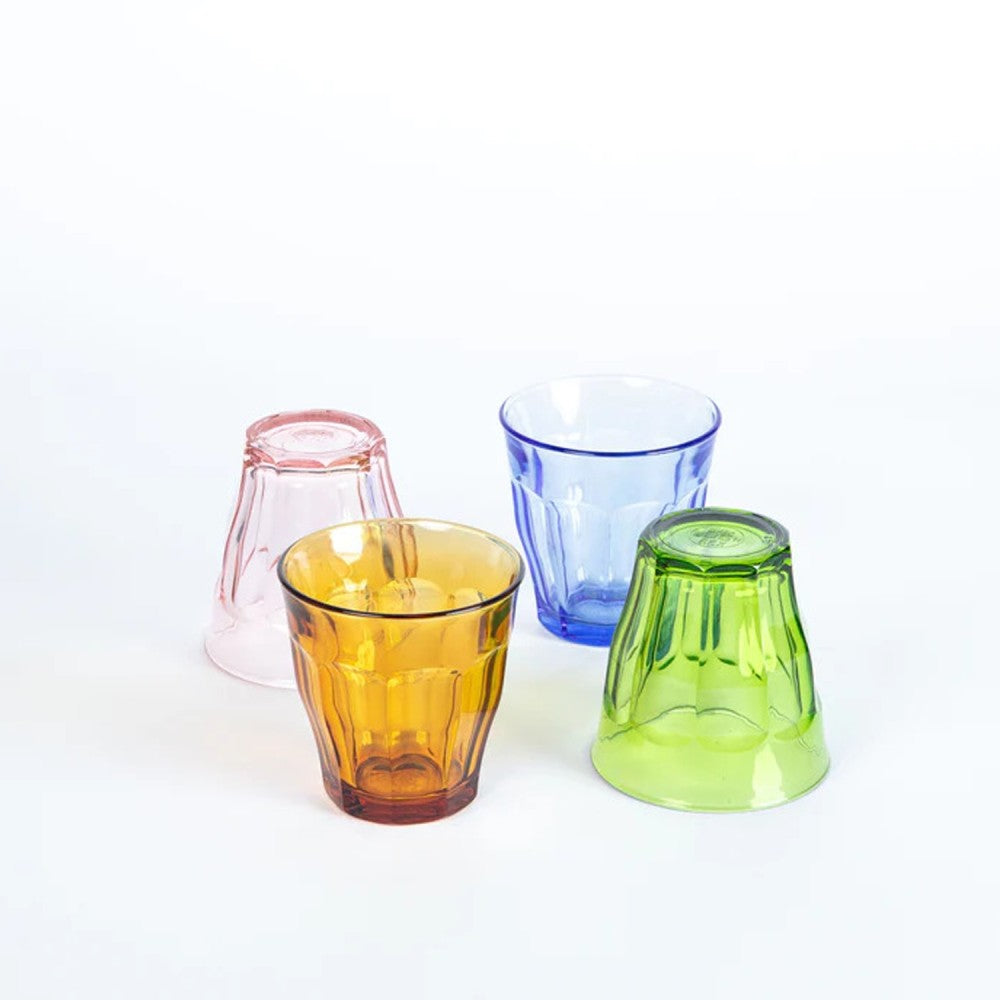 Duralex Canada Picardie Tumbler Assorted Color set: pink, blue, yellow, green on a white background