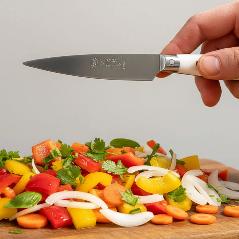 La Fourmi Paring knife, made in France with a white handle, with chopped vegetables