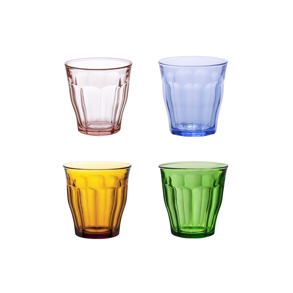 Duralex Canada Picardie Tumbler Assorted Color set: pink, blue, yellow, green on a white background