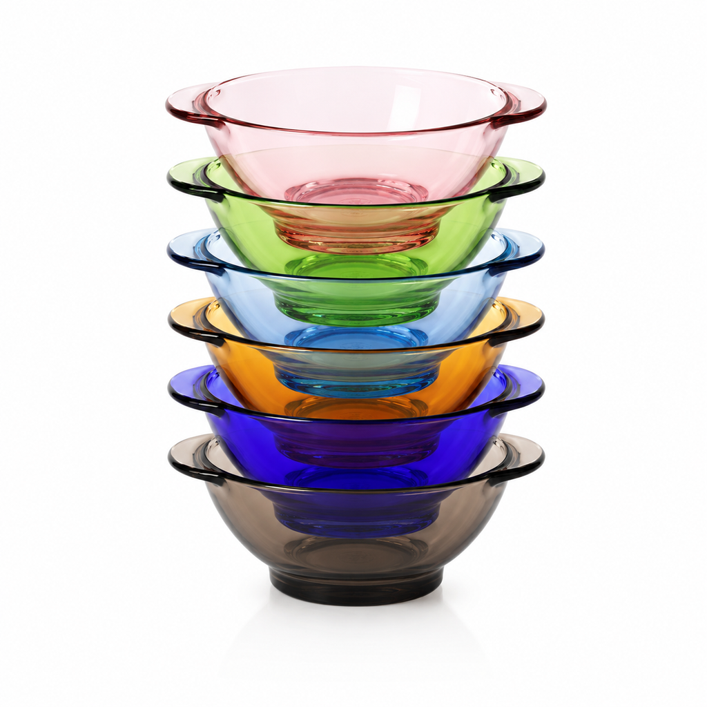 A stack of six translucent glass bowls in different colors, including pink, green, blue, orange, purple, and dark smoky gray, on a white background.