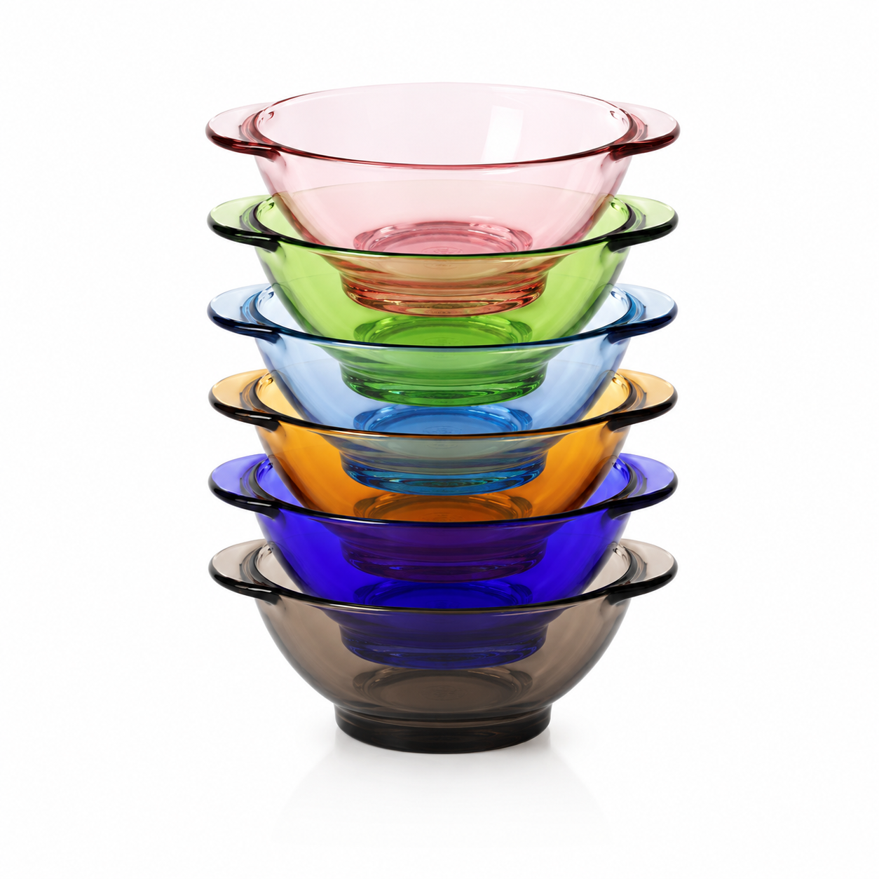 A stack of six translucent glass bowls in different colors, including pink, green, blue, orange, purple, and dark smoky gray, on a white background.