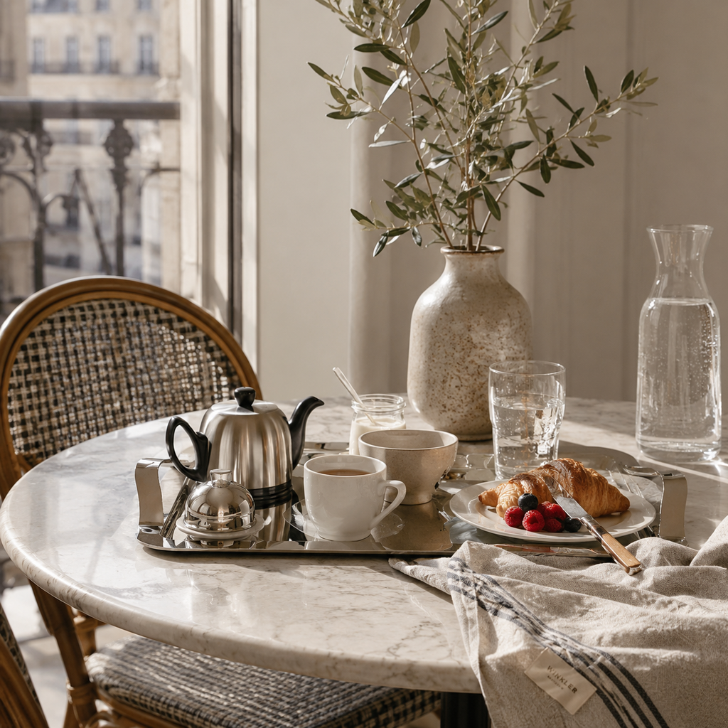 Salam Black teapot in Table setting with coffee, croissants, and a vase in a cozy Parisian interior