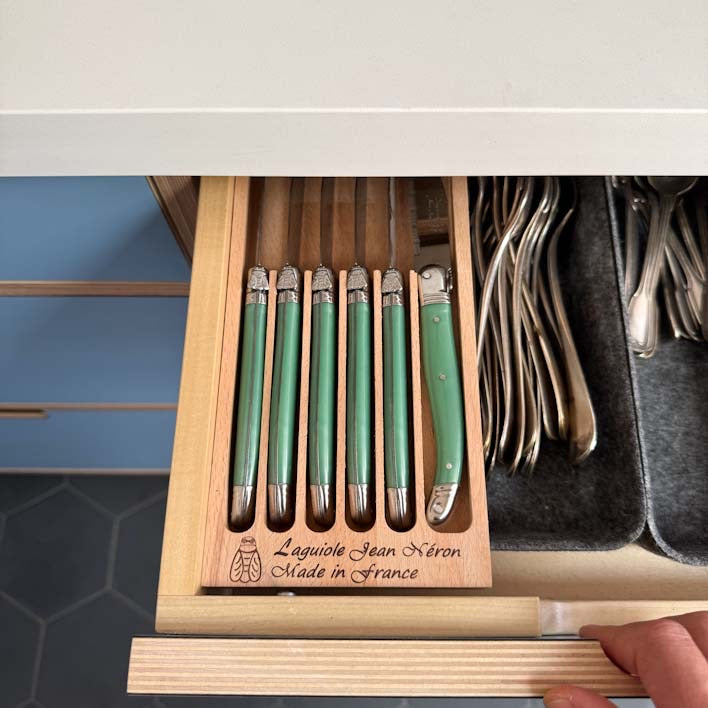Laguiole ® Steak Knives, Set of 6 - Pastel Green Handle, in wooden tray