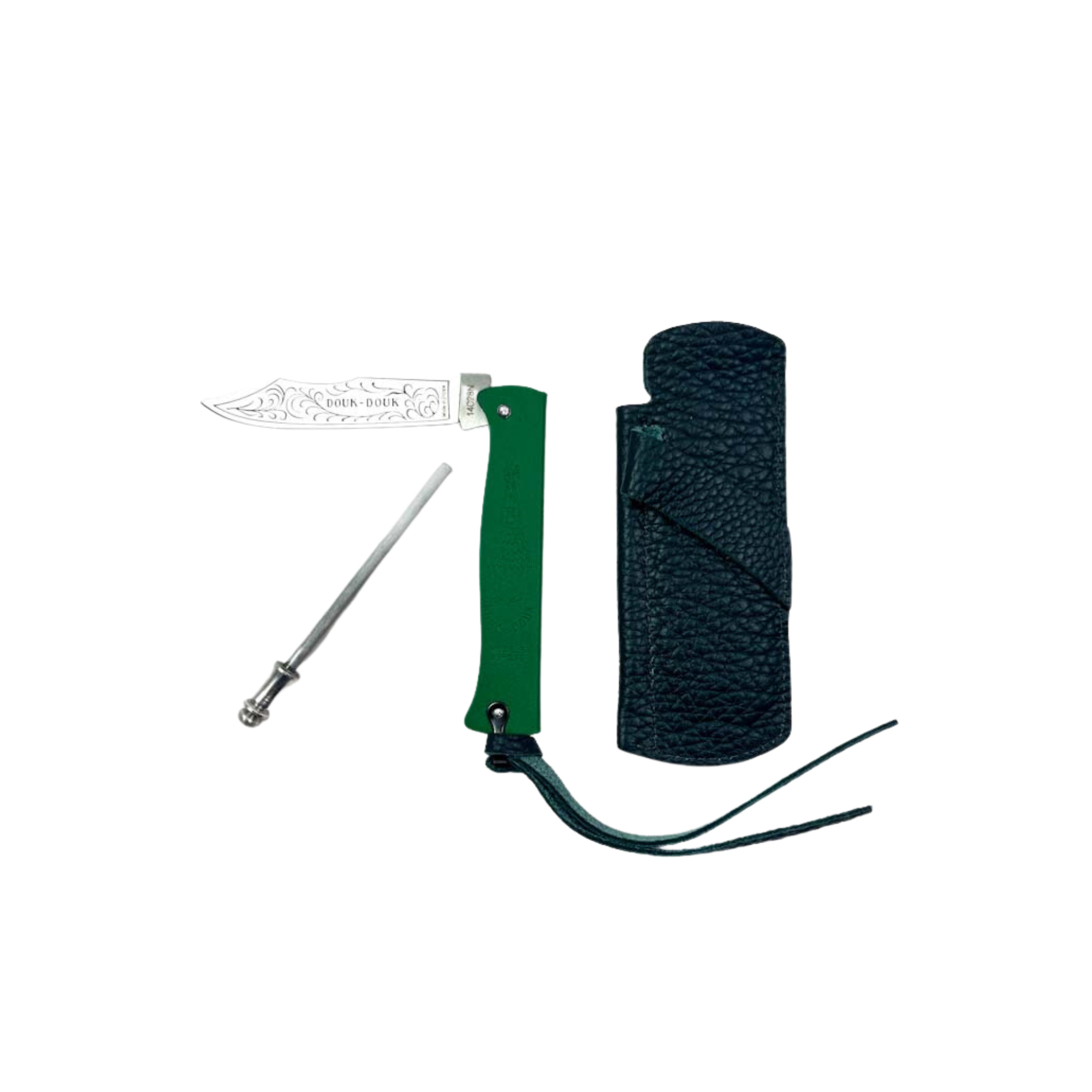 Douk-Douk Pocket Knife Set with sharpening steel and leather sleeve