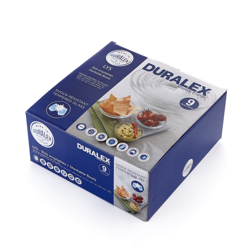 Duralex Canada Lys Set of 9 stackable mixing bowls, tempered glass at Clementine Boutique Made in France