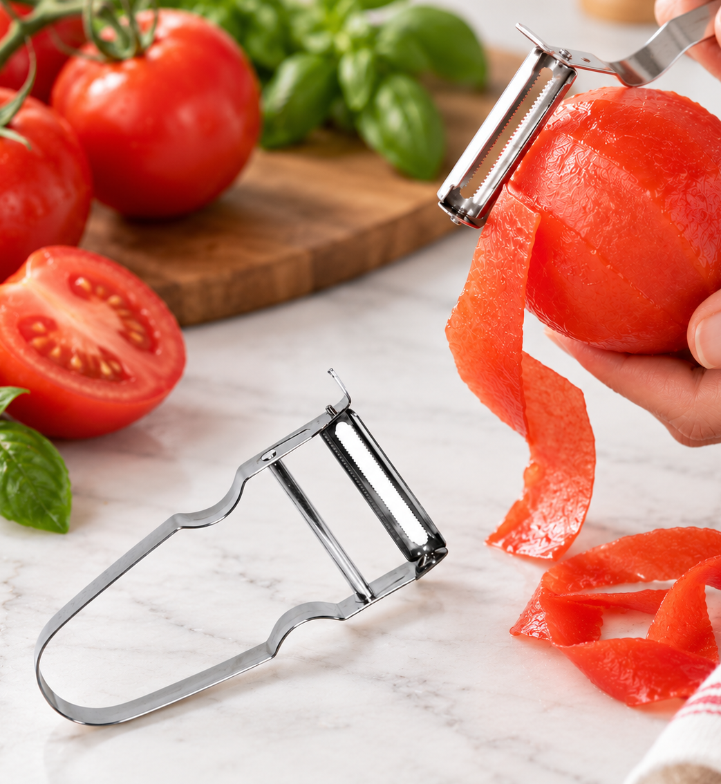 French Stainless Steel Tomato Peeler with tomatoes and chopping board