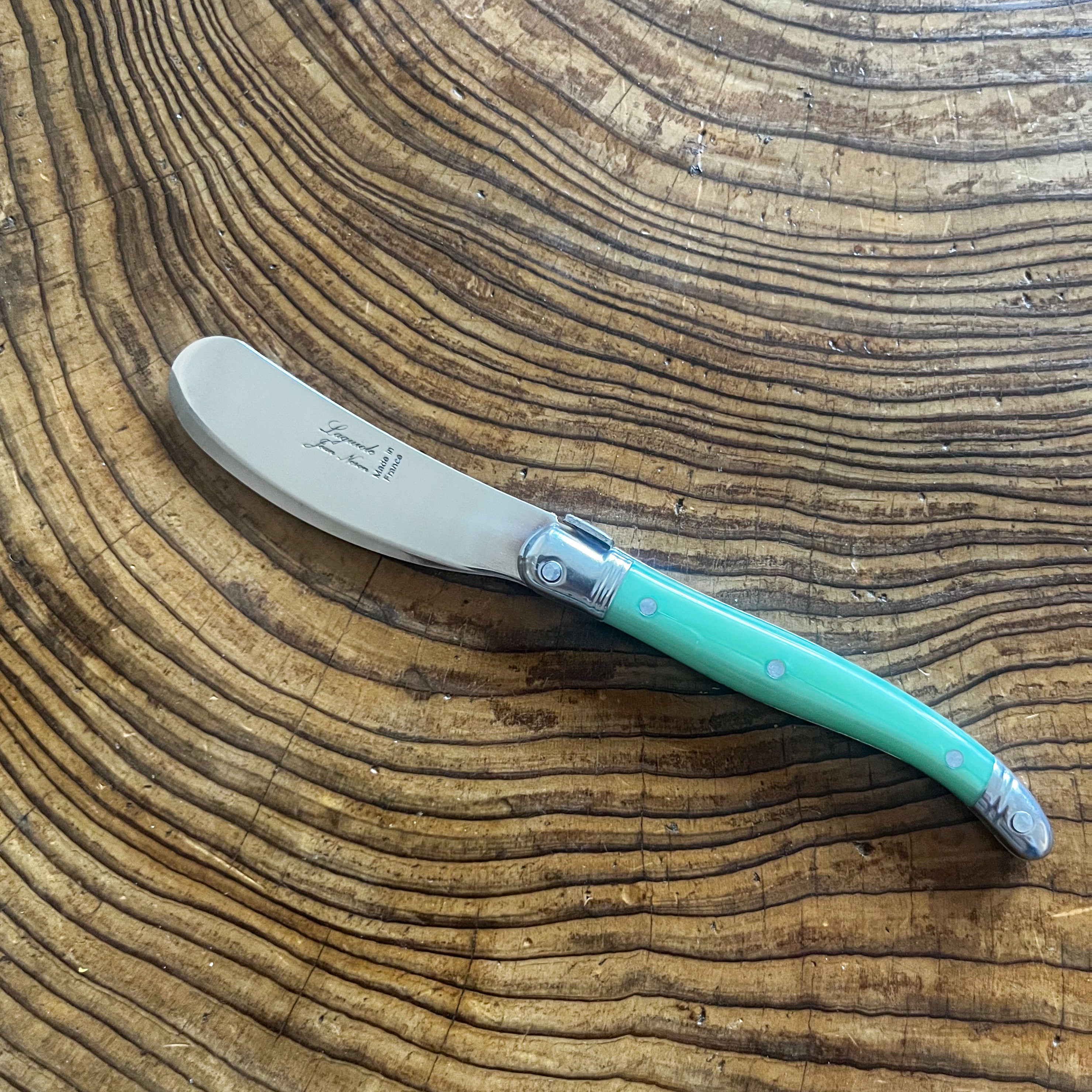 A Laguiole butter knife with a pastel green handle and stainless steel blade, placed on a wooden surface.