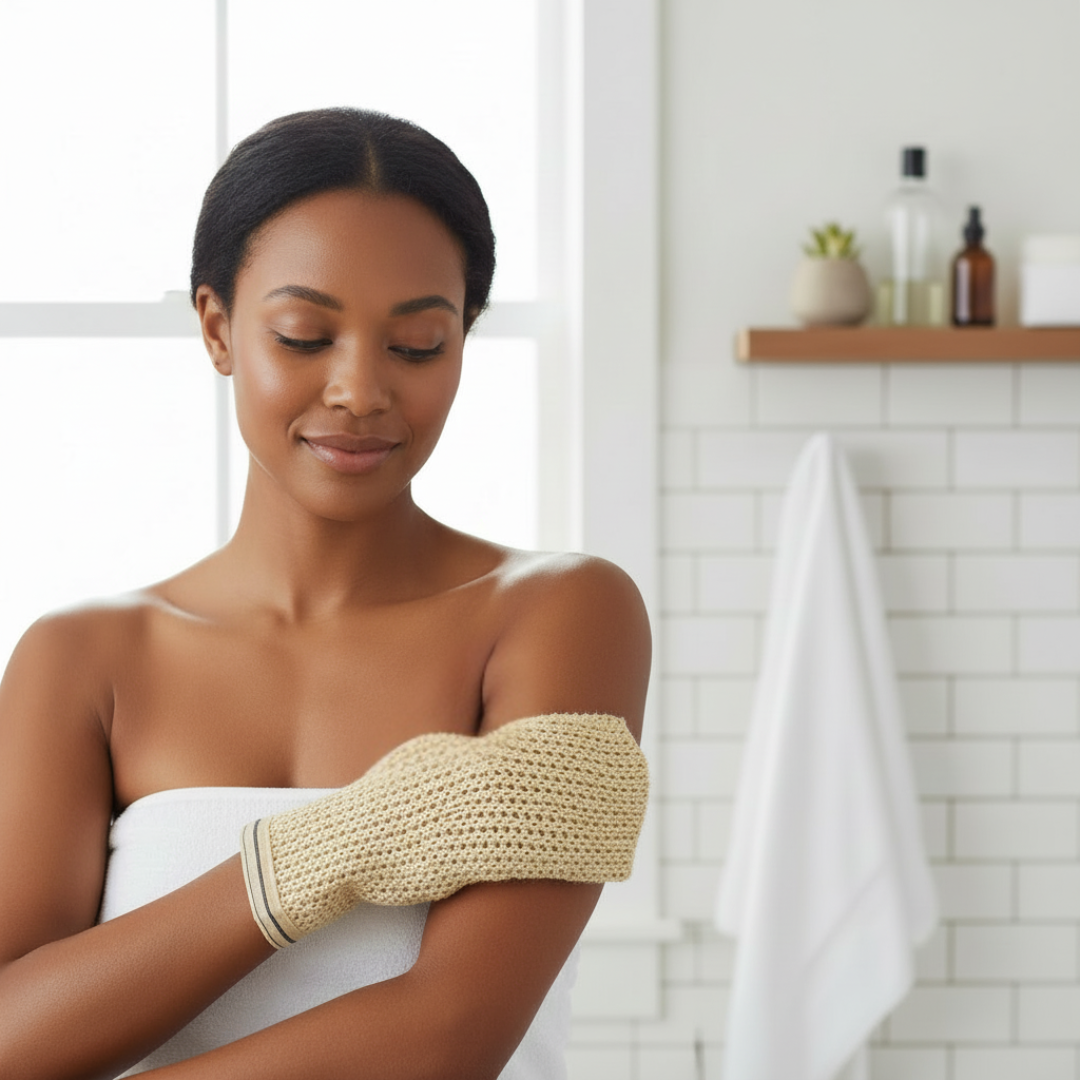 Woman with a white towel wrapped around her body using a exfoliating Deluxe Sisal Glove by Anae at Clementine Boutique on her arm in a bathroom.