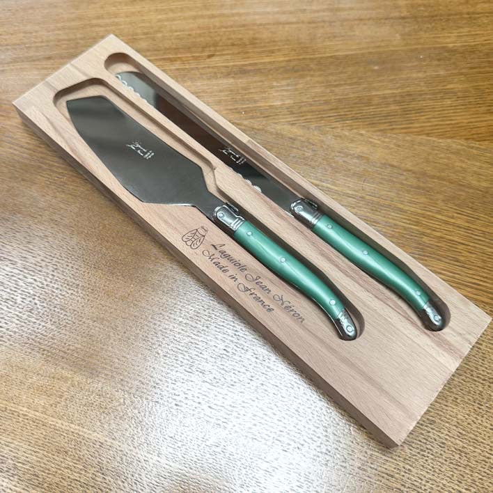 Laguiole Cake Slicer and Bread Knife Set, Pastel Green Handles in wooden tray