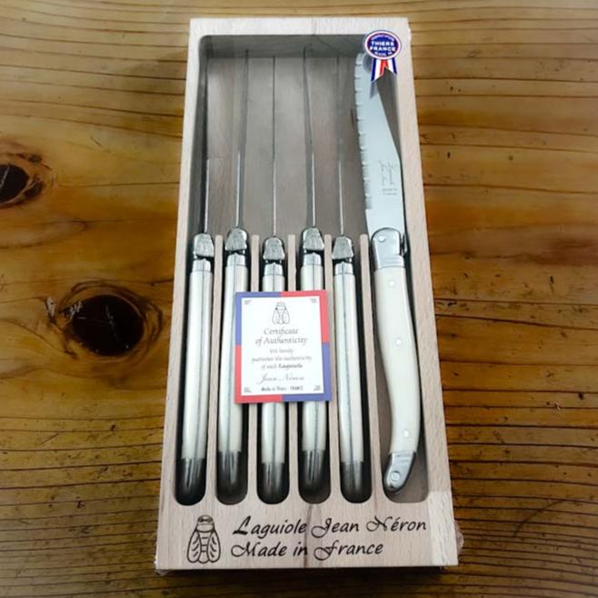 Laguiole ® Steak Knives, Set of 6 - Ivory Handle in a wooden crate