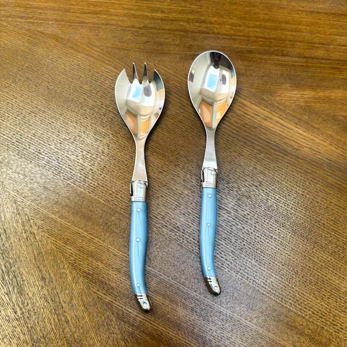 Laguiole Salad Server Set, Pastel Blue Handles on wooden background