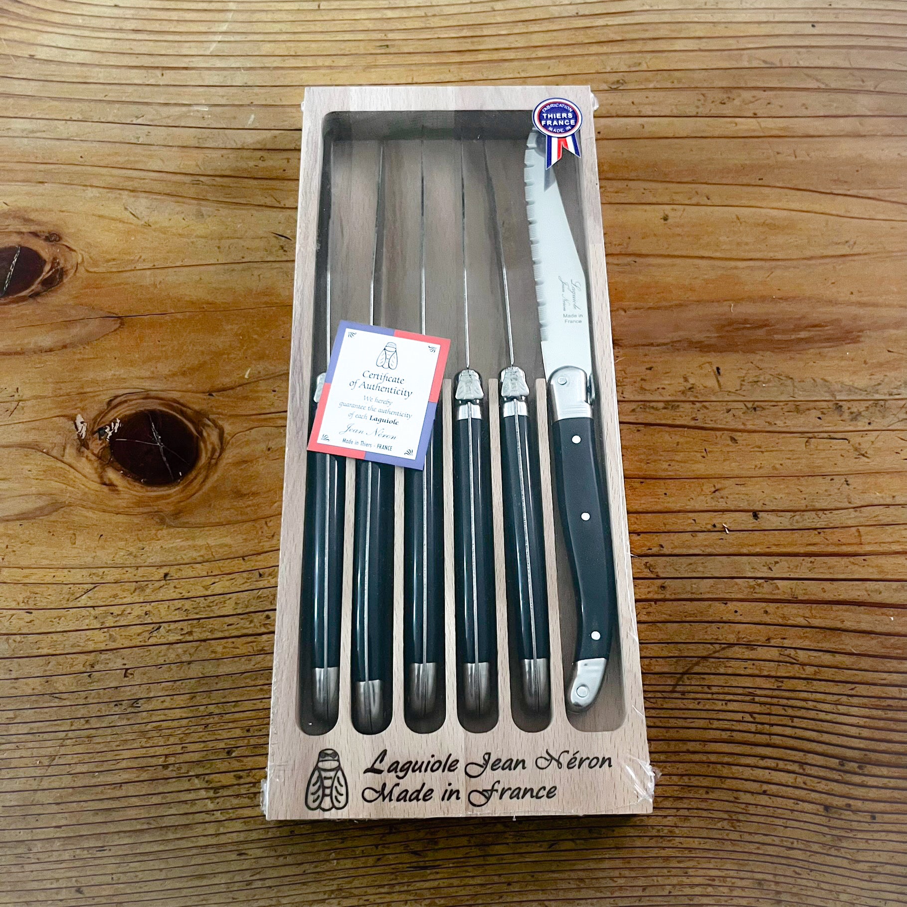 Laguiole ® Steak Knives, Set of 6 - Black Handle, Jean Neron Made in France, Clementine Boutique in a wooden crate