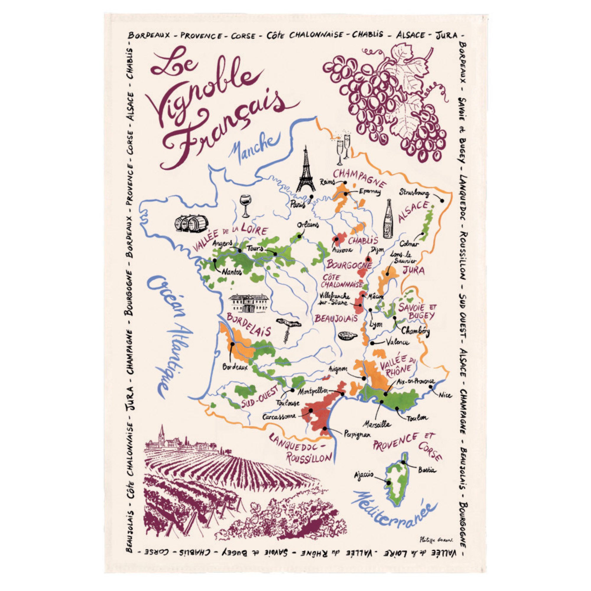 French Wines Map tea towel Winkler Canada made in France Clementine Boutique Toronto